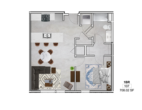 A floor plan of a 1 bedroom apartment with 107 square feet.
